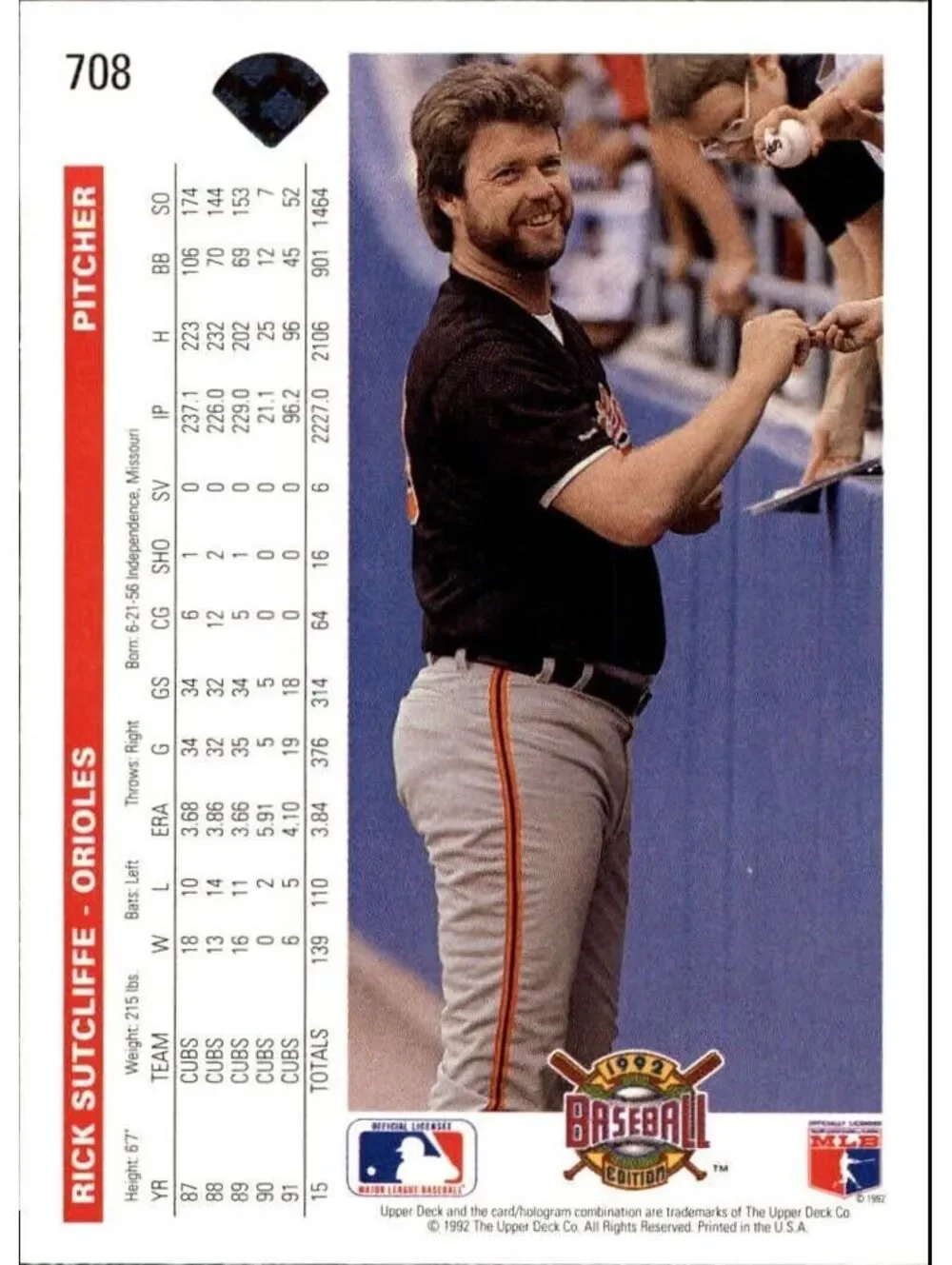 Rick Sutcliffe 1992 Upper Deck MLB #708 Baseball Card Baltimore Orioles